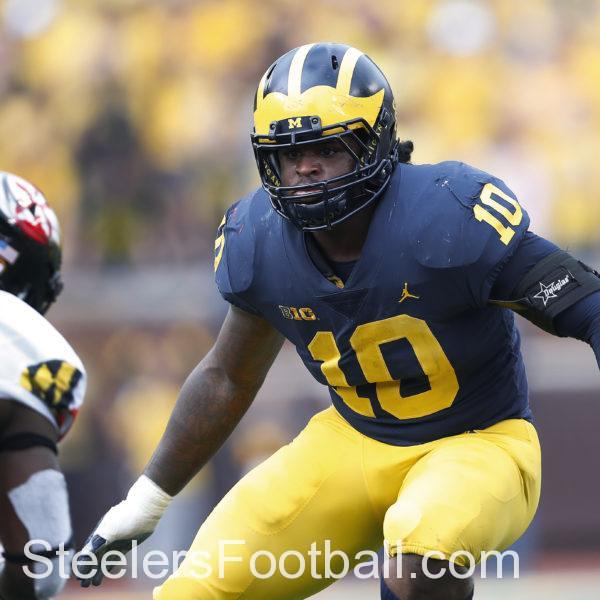 Devin Bush Michigan linebacker Devin Bush (10) plays against Maryland in the second half of an NCAA college football game in Ann Arbor, Mich., Saturday, Oct. 6, 2018.